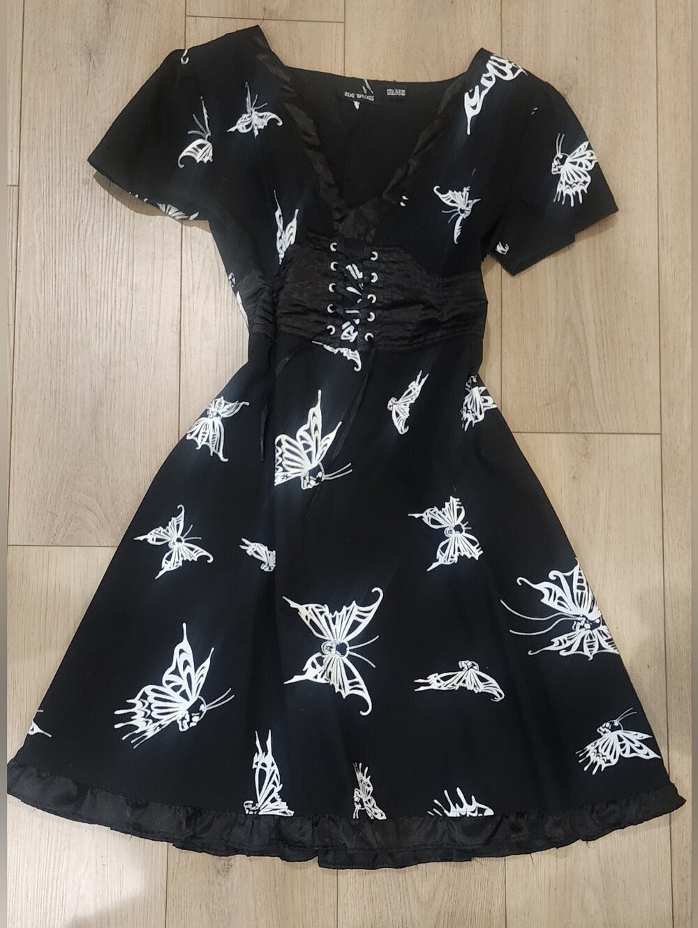 Black Butterfly-Print Lace-Up Mini Dress